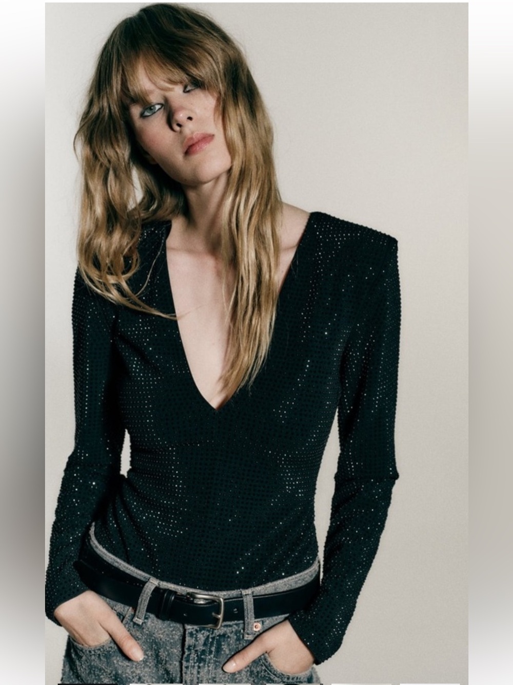 New! Zara XS black rhinestone embellished long sleeve bodysuit.